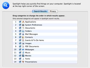 Spotlight Search Results Preferences
